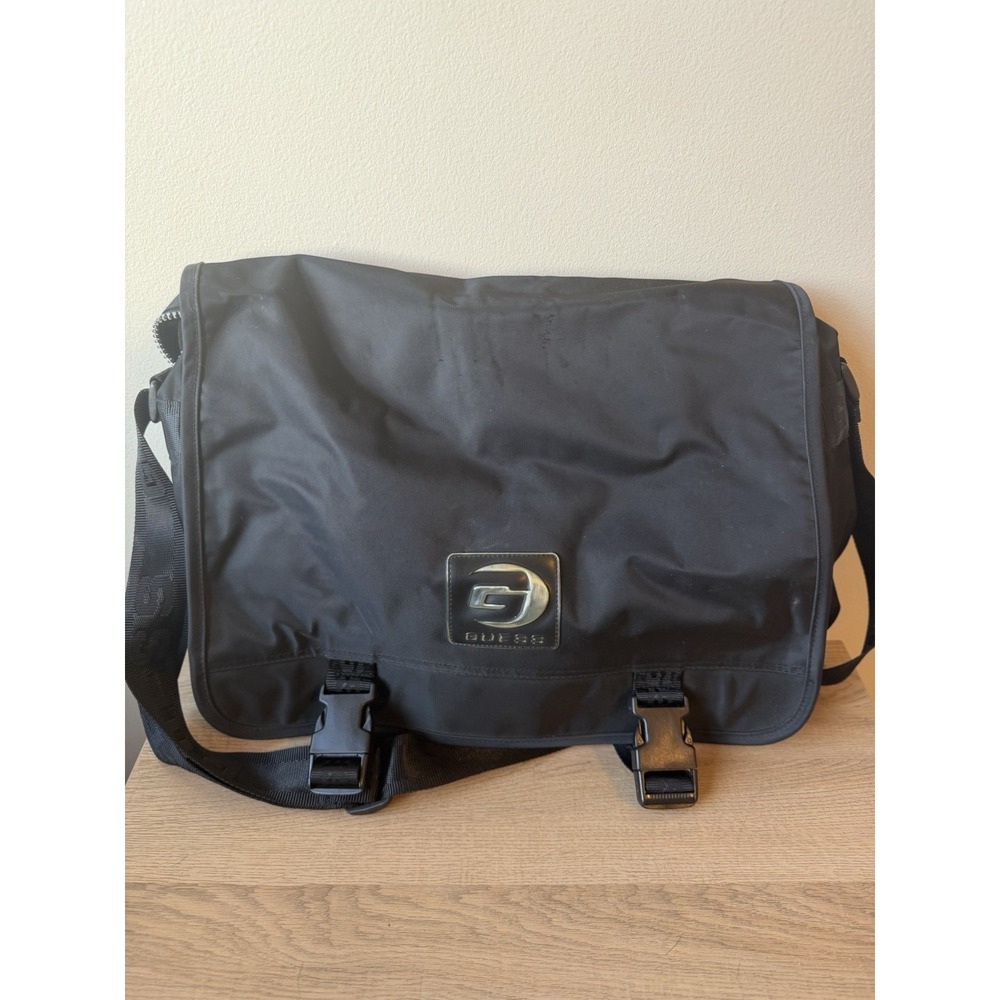 Black VTG Y2k GUESS Logo Flap Messenger‎ Work Laptop Polyurethane Crossbody Bag